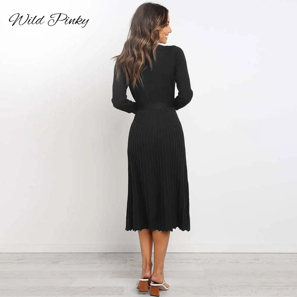 Женское платье с длинным рукавом и поясом WildPinky Черное Трикотажное вечернее