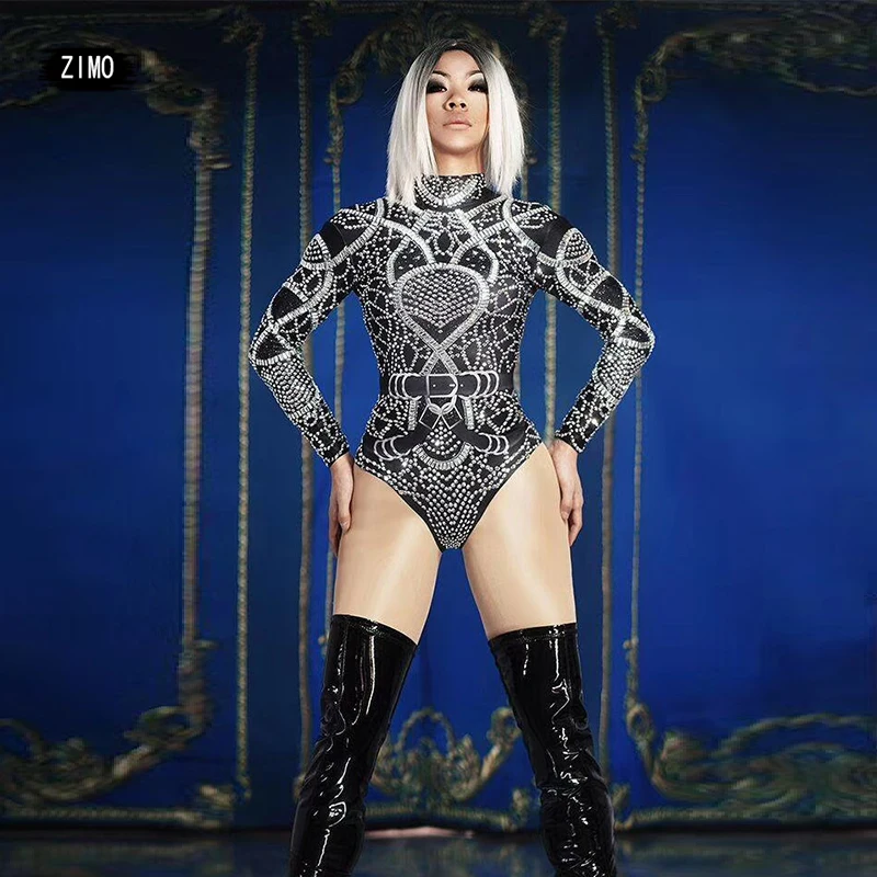 

Женское боди серебристо-черное с кристаллами, сексуальное танцевальное трико, стрейчевый костюм для ночного клуба, бара, диджея, певицы, джа...