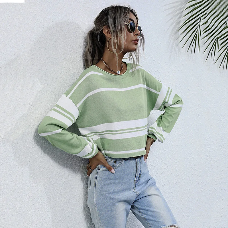 

Light Grey Vintage Woman Sweaters Casual Loose Striped Knitted Sweater Women O-neck Long Sleeve Pullovers for Women Spring 2021
