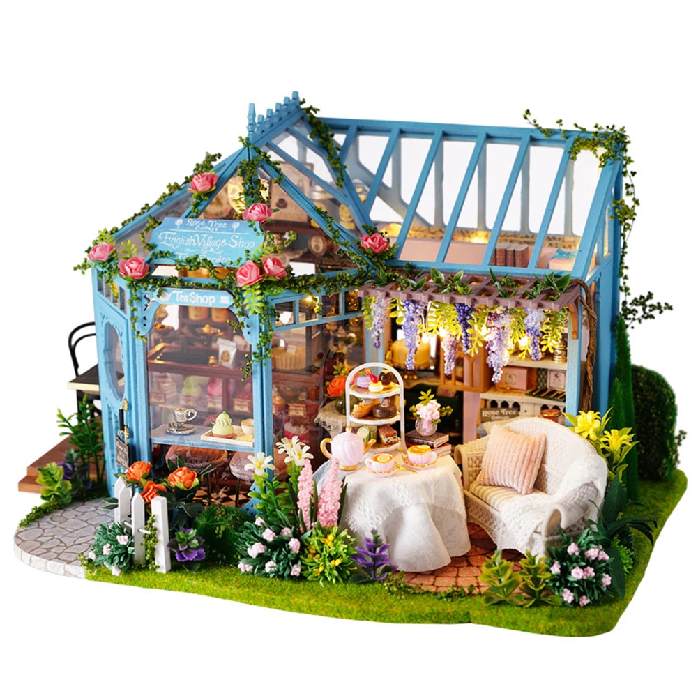 

DIY Handmade Wooden Doll House Rose Garden Tea House Building Kit With Led Miniature Furniture Kit 3D Model Assembly Toy Gift