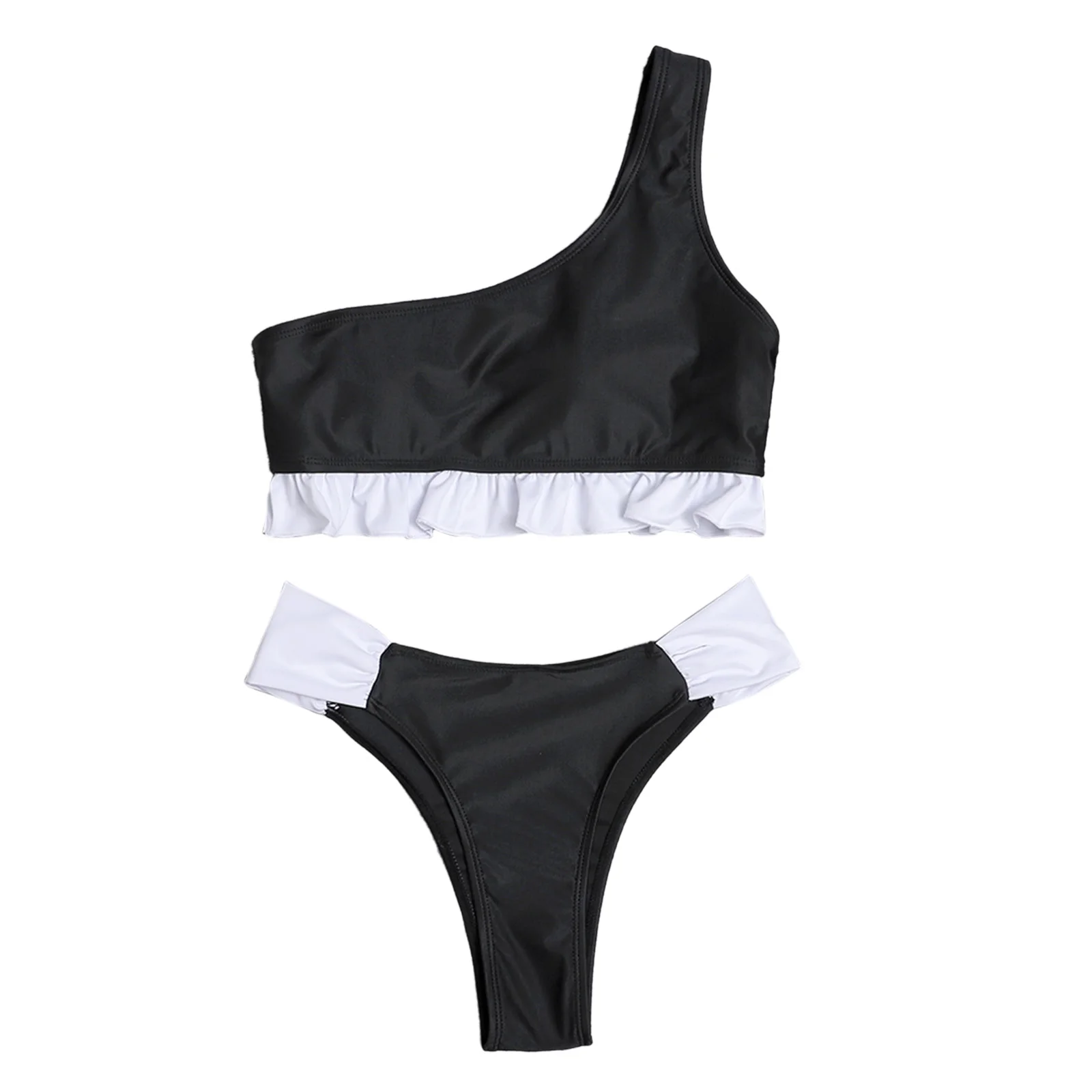 

Foohoostore 2Pcs Women Sexy Bathing Suits Adults Color Block One Shoulder Ruffle Padded Bikini Tops + Swimming Bottoms Swimsuit
