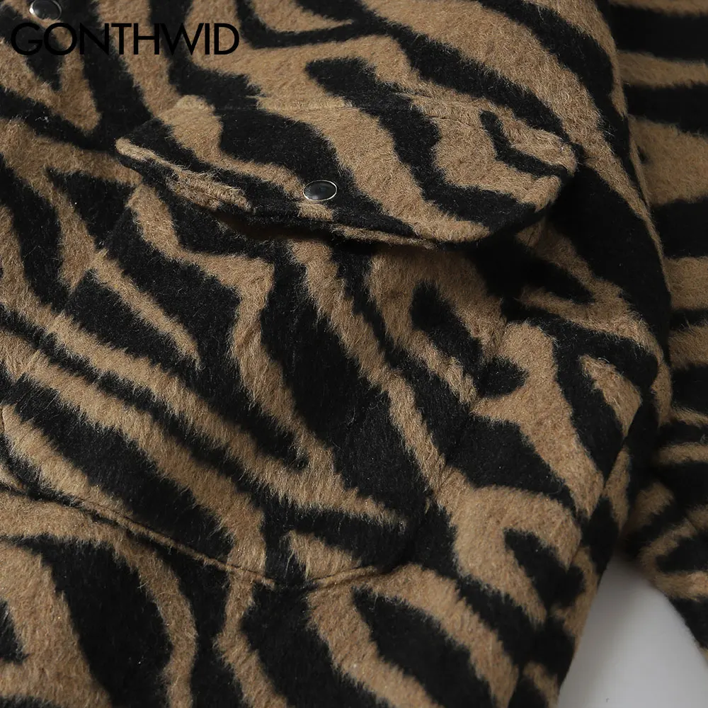 

GONTHWID Thick Shirts Zebra Pattern Pockets Long Sleeve Shirts Jackets Hip Hop Casual Stripe Coats Harajuku Fashion Tops Outwear
