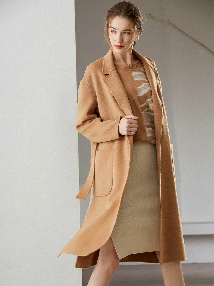 

Костюм воротник стройнящий 2020 осень и зима пояс свободное двухстороннее шерстяное пальто женское до колена средней длины корейский стиль