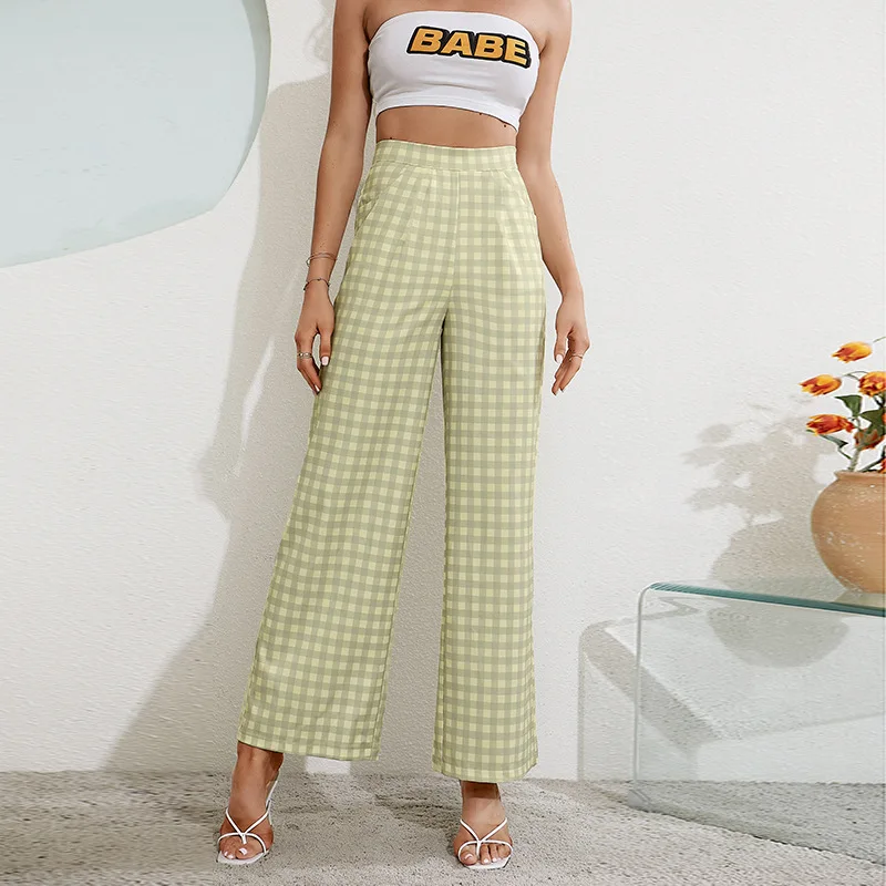 

Modern Green Plaid Print Palazzo Pants Push Up Mujer Pantalones Wide Leg Checked Trousers Women High Waist Pants Straight Slacks