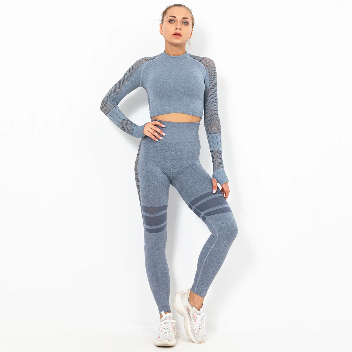 

2PCS Seamless Women Yoga Set Workout Sportswear Gym Clothing Fitness Long Sleeve Crop Top High Waist Leggings Sports Suits