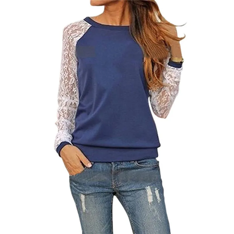 Женская блузка с круглым вырезом и длинными рукавами Повседневная кружевная