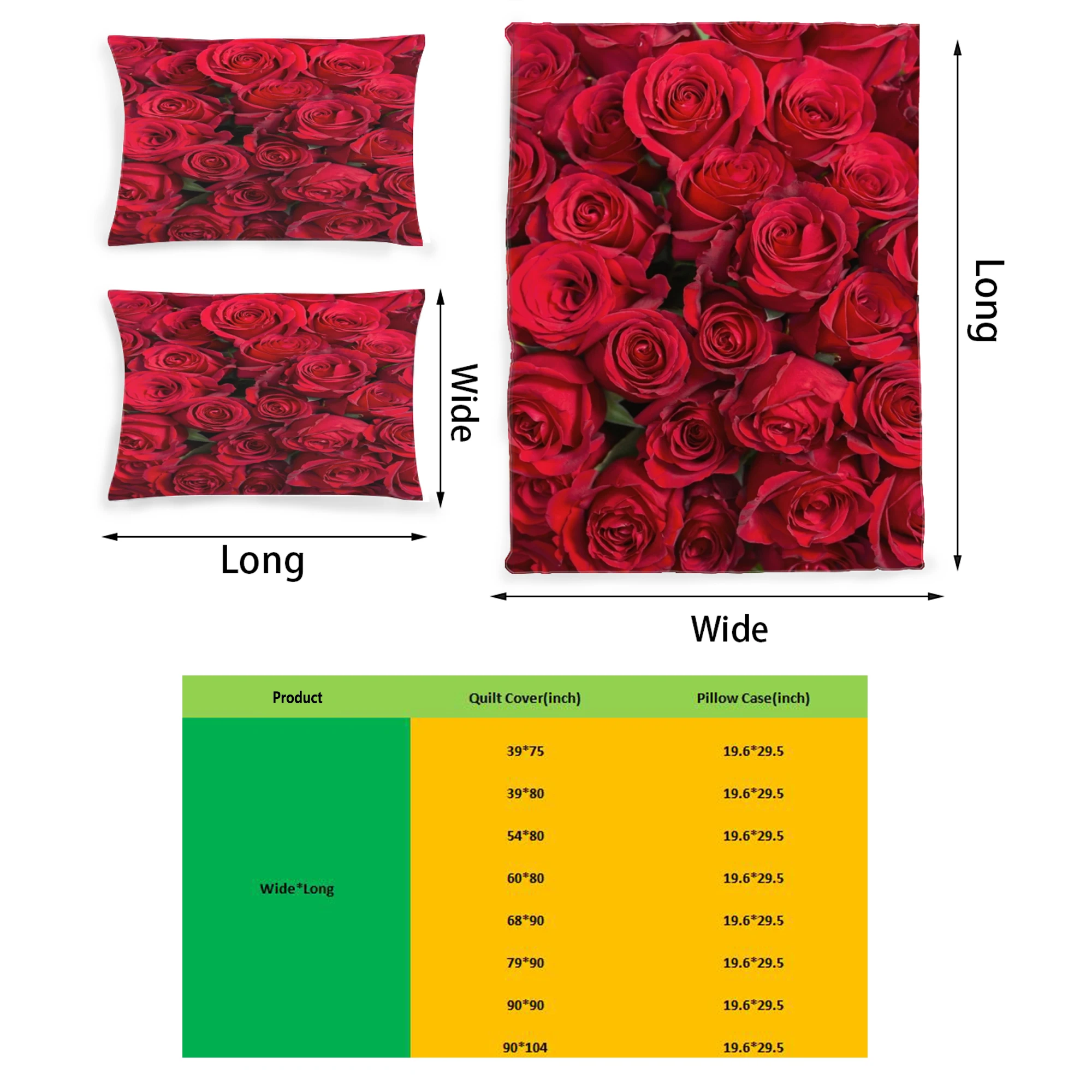

Rose Flower Graphic Printed Bedding Set Pattern Printing Polyester Quilt Cover Set 3 Pieces Quilt Cover Pillow Cover Set