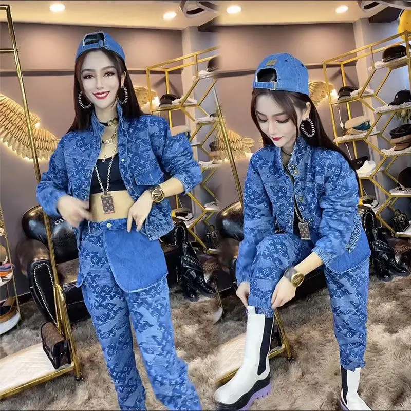 

Early Spring 2021new Fashion Trending Popular Printed Zipper Washed Denim Slimming Korean Style Two-Piece Set Women