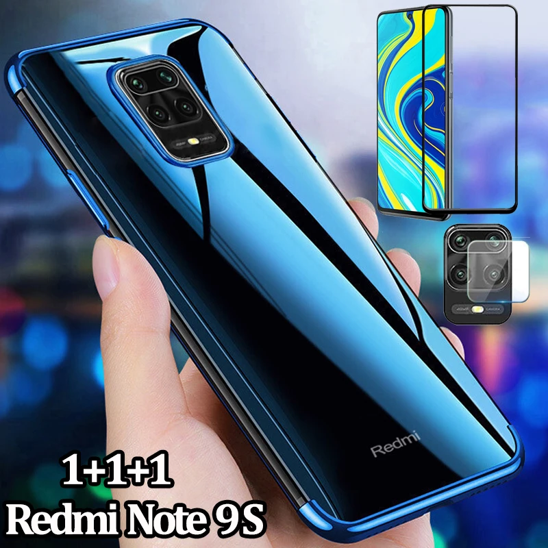 [1+1+1] для Xiaomi Redmi Note 9S Case +Glass Прозрачный чохли чехол из стекло редми ноут 9s чехлы нот