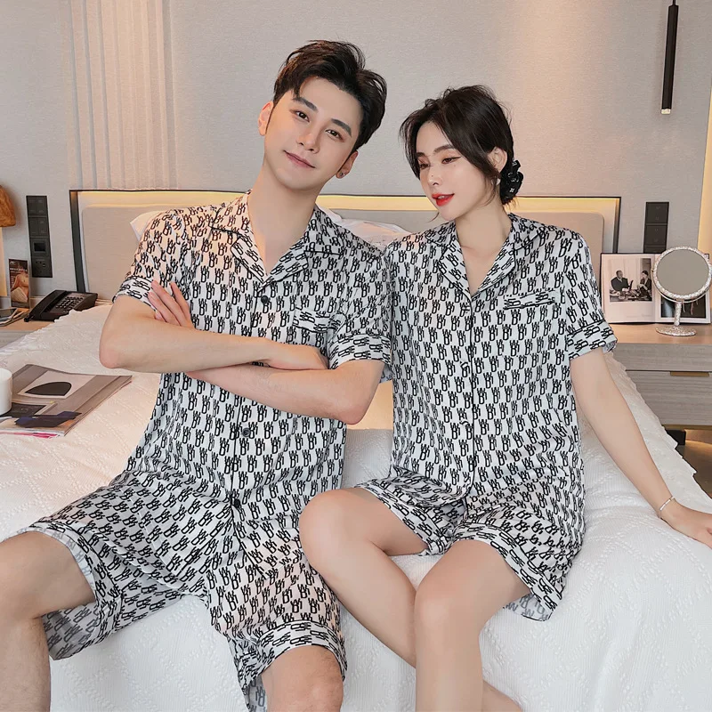 

Print Pajamas Casual Satin Couple Lounge Wear 2021 Summer New Sleepwear 2PCS Shirt&Shorts Soft Intimate Lingerie Homewear
