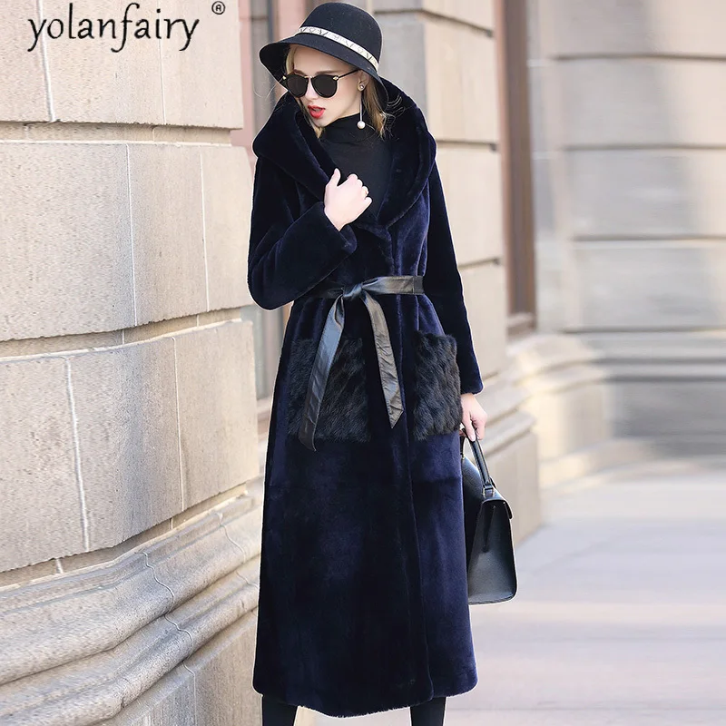 

Real Fur Coat Female Winter Jacket Women Mink Fur Pocket Sheep Shearling Natural Fur Coats Hooded Fashion Luxury Clothes 7333-1