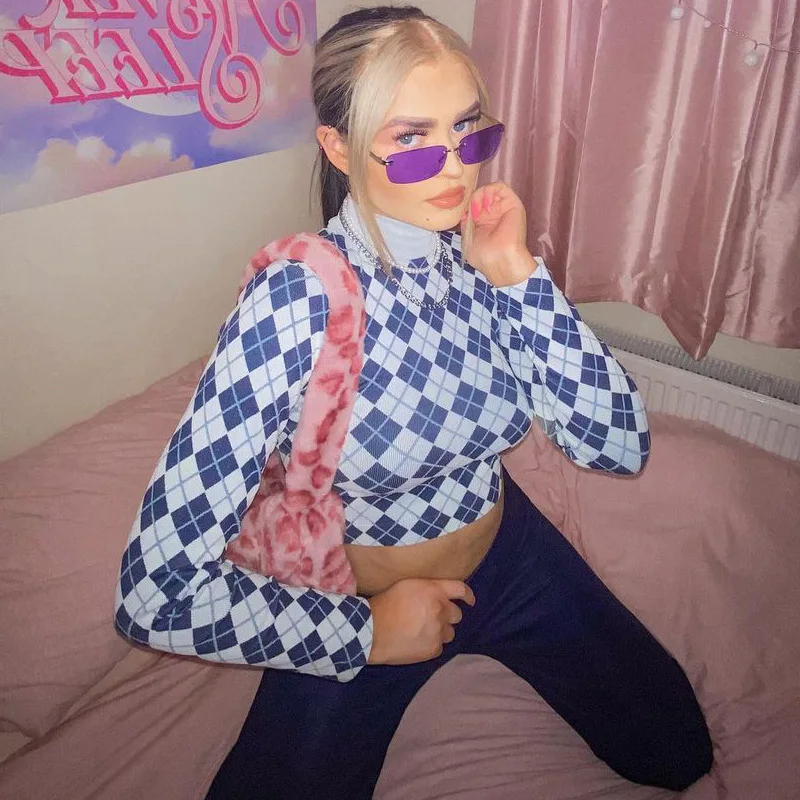 

Y2K Aesthetics Argyle Plaid Knitted Cropped Top 2000s Vintage Turtleneck Long Sleeve Blue T-shirts E-girl Women Slim Fit Outfits