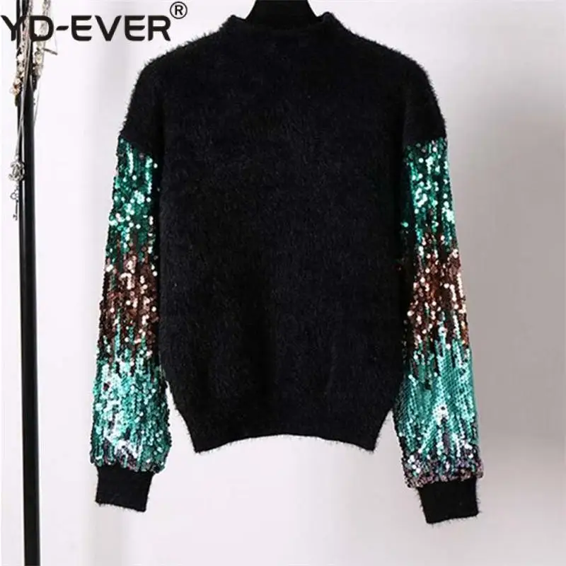 Metallic Sequin Sleeve Fuzzy Angora Sweater Women Autumn Winter High Street Knitted Jumper Pullovers * | Женская одежда