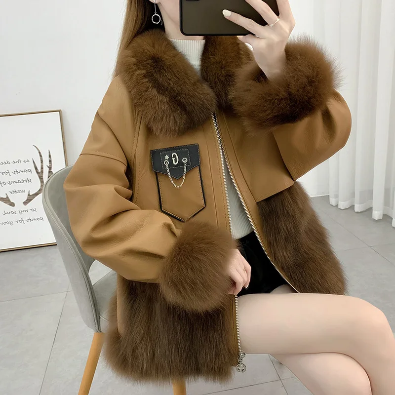 Enlarge 2021 New Fashion Fur Coat Women Winter Warm Fox Fur Collar Natural Sheep Fur Jacket Lady Patchwork Overcoats Luxury Winterwear