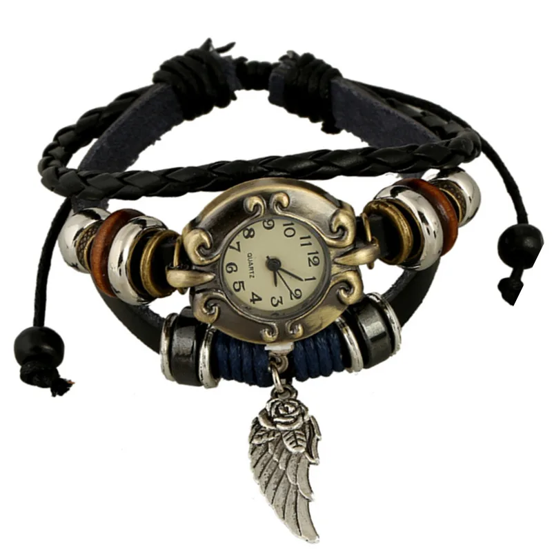 

Wing Style Leather Bracelet Vintage Leather Bracelet Watch BEADED HANDMADE BRACELET men's and women's Bracelet Watch