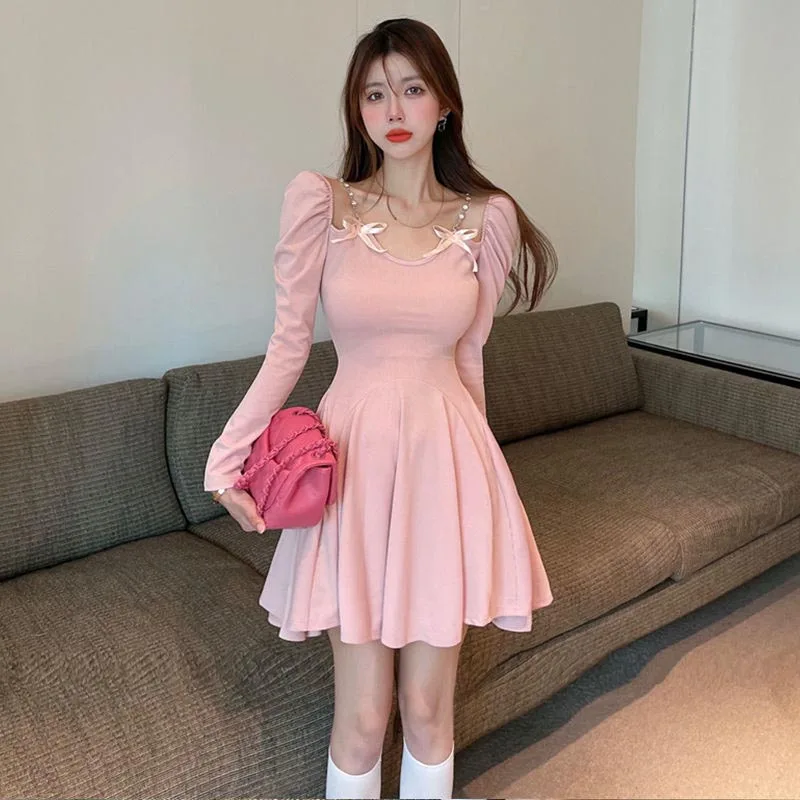 

Vintage Sweet Lolita Sexy Y2k Sweater Dress Korean Fashion Female Japanese Kawaii Winter Slim Cute Pink Knitted Dress Women 2021