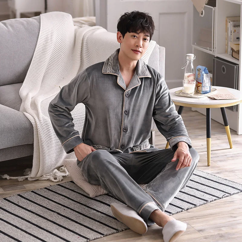 Pajamas Men's Island Fleece Warmth Plus Fleece Coral Flannel Thin Flannel Sommeil Tops Pyjama Homme Dormir Tops Ensemble Homme