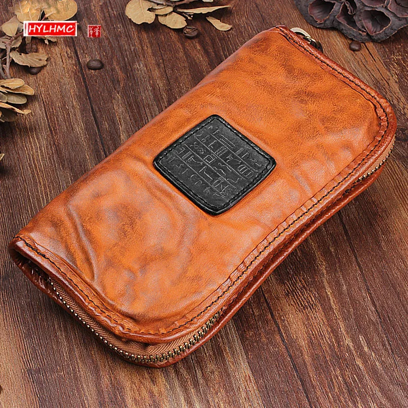 Long Genuine Leather Men Wallet Retro Pleated Multi-card Clutch Bag Large Capacity Zipper Mobile Phone Bag Card Holder Wallets