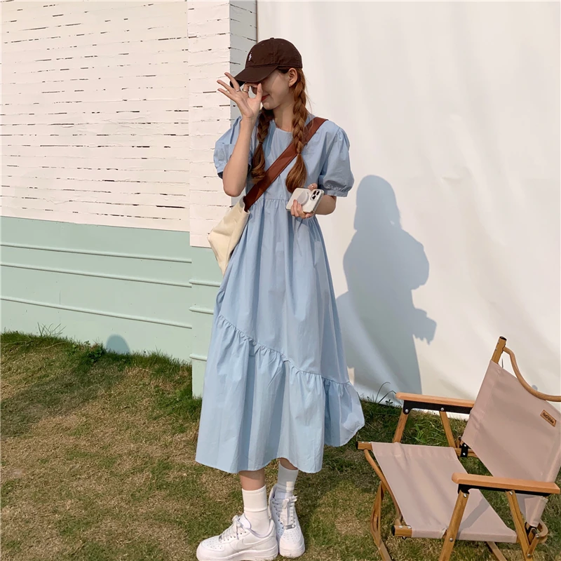 

Women High Street Dress 2021 Summer New Plus Size Solid O-Neck Puff Sleeve A-Line Dresses Loose Caual Chic Wild Vestidos