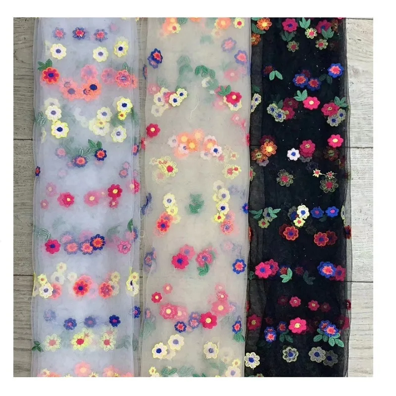 

1Yard Meetee150cm Multi-colored Flowers Mesh Embroidered Fabric Three-dimensional Lace Decoration Female Sewing Apparel Material