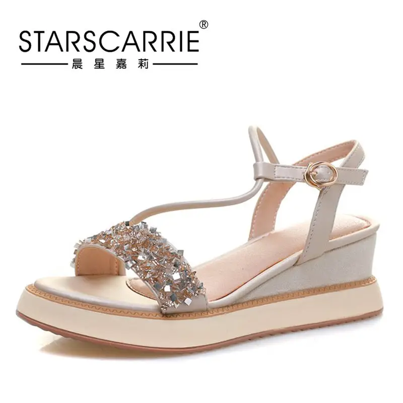 

Summer 2021 slope heel sandals women's muffin thick soled Roman shoes fairy style high heel Rhinestones increase skid resistance