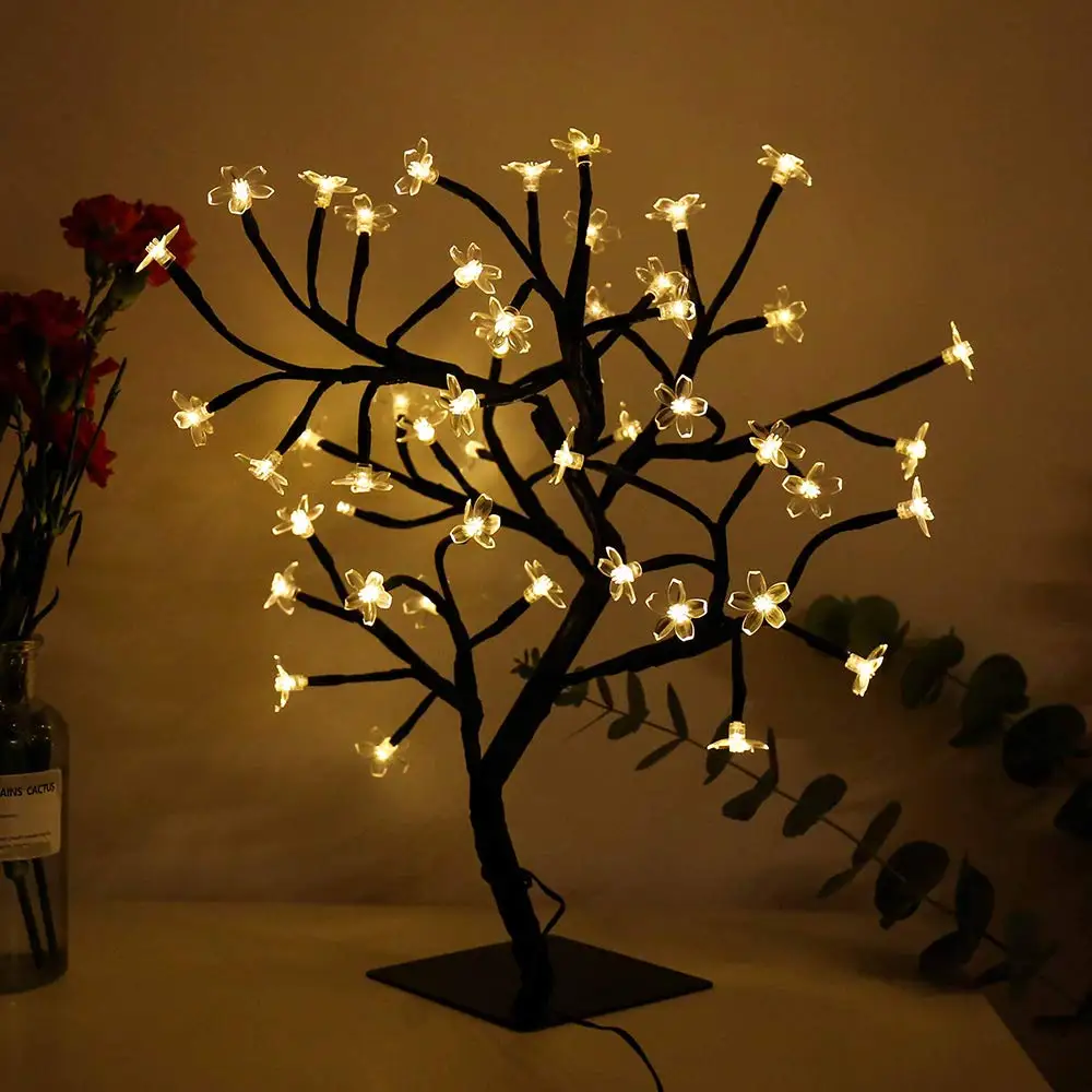 Battery Operated 24/36/48 LED Cherry Blossom Desk Top Bonsai Tree Light 0.45M Black Branches for Desk Window Party Wedding Decor
