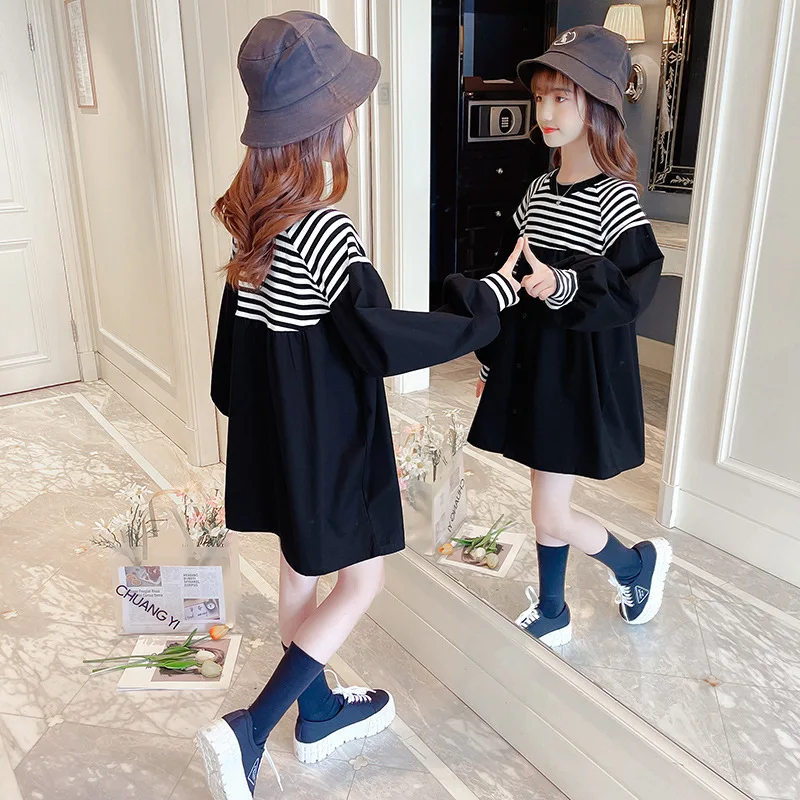 

2021 Girls' Autumn Clothes New Korean Style Striped Stitching Shirt for Middle and Big Children and Girls Long Sleeve
