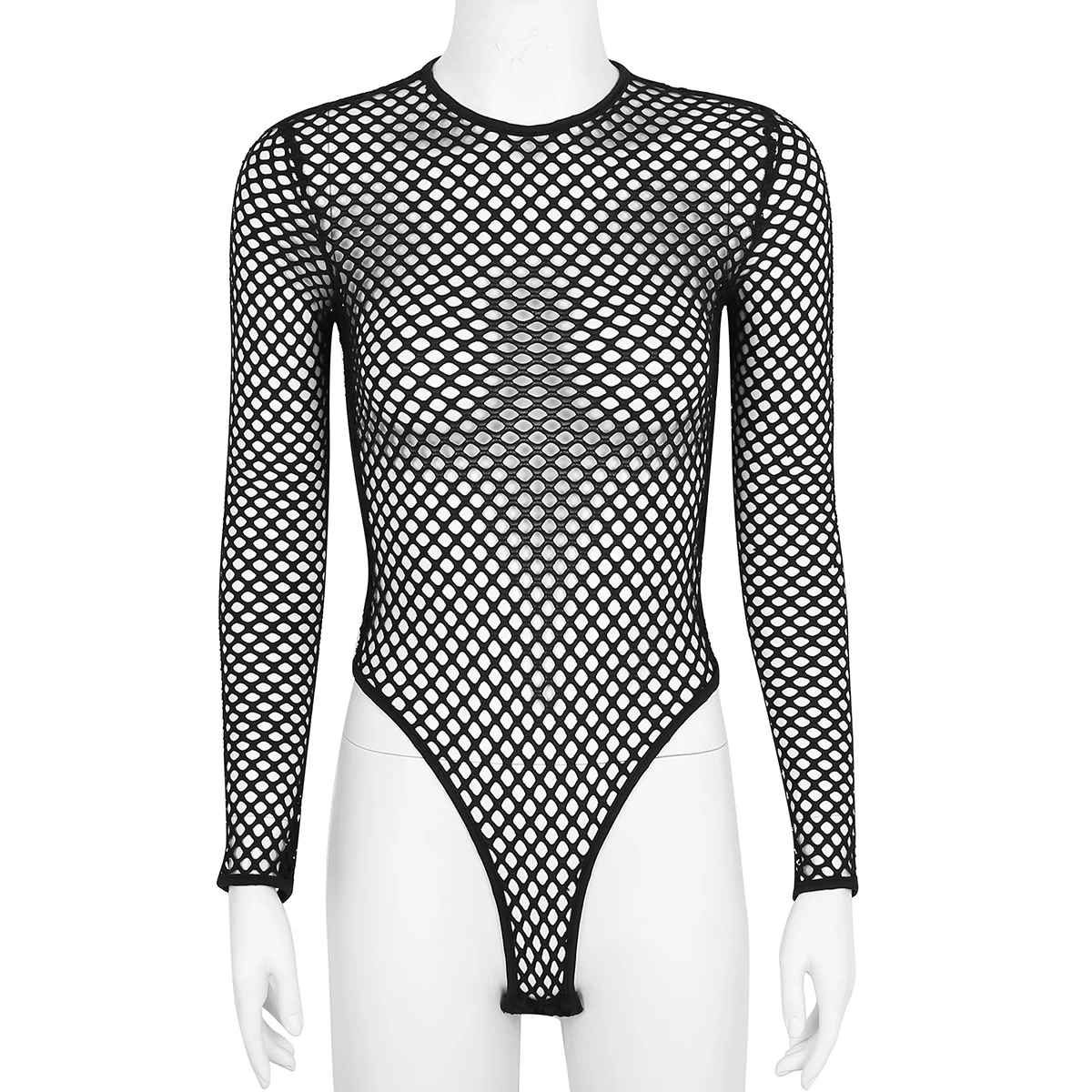 

Women One Piece Fishnet See-through Bodysuit Romper Sexy Lingerie Jumpsuit Long Sleeve High Cut Thong Leotard Teddies Babydolls