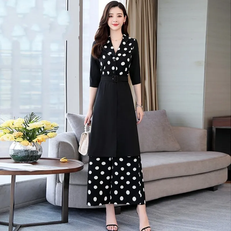 2020 Летний Новый Женский Длинный блейзер в горошек пальто широкие брюки комплект