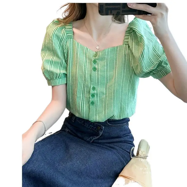 

2021 summer French temperament slim-fit square collar shirt design niche puff sleeve plaid short-sleeved top women
