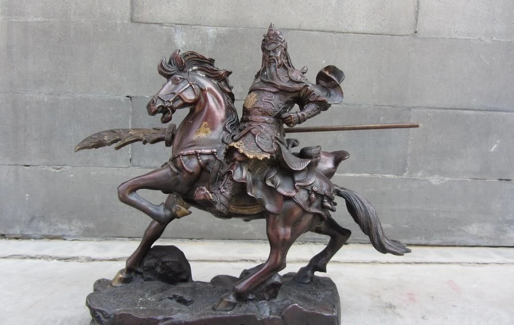 

free shipping Chinese Red Copper Bronze Ride Horse Guan Gong Guan Yu Warrior Buddha Statue