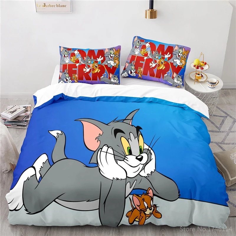 Kawaii Cat Mouse Tom Jerry 3D Cartoon Print Bedding Set Duvet Cover Quilt Pillowcase Home Textile for Kids Boys Girls | Дом и сад