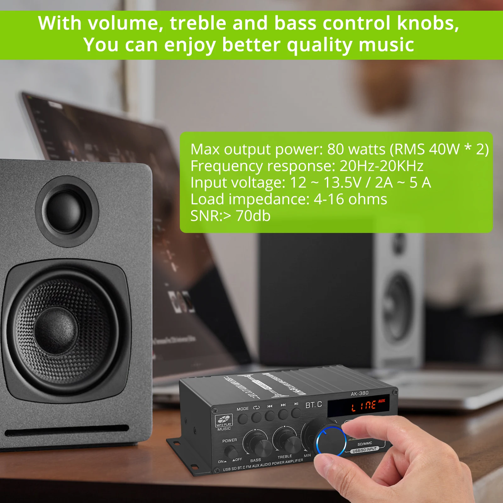 eSYNiC AK-380 Mini Audio Power Amplifier 2.0 CH Bluetooth-compatible 5.0 Receiver Bass &amp Treble Control Music Player Sound Amp |
