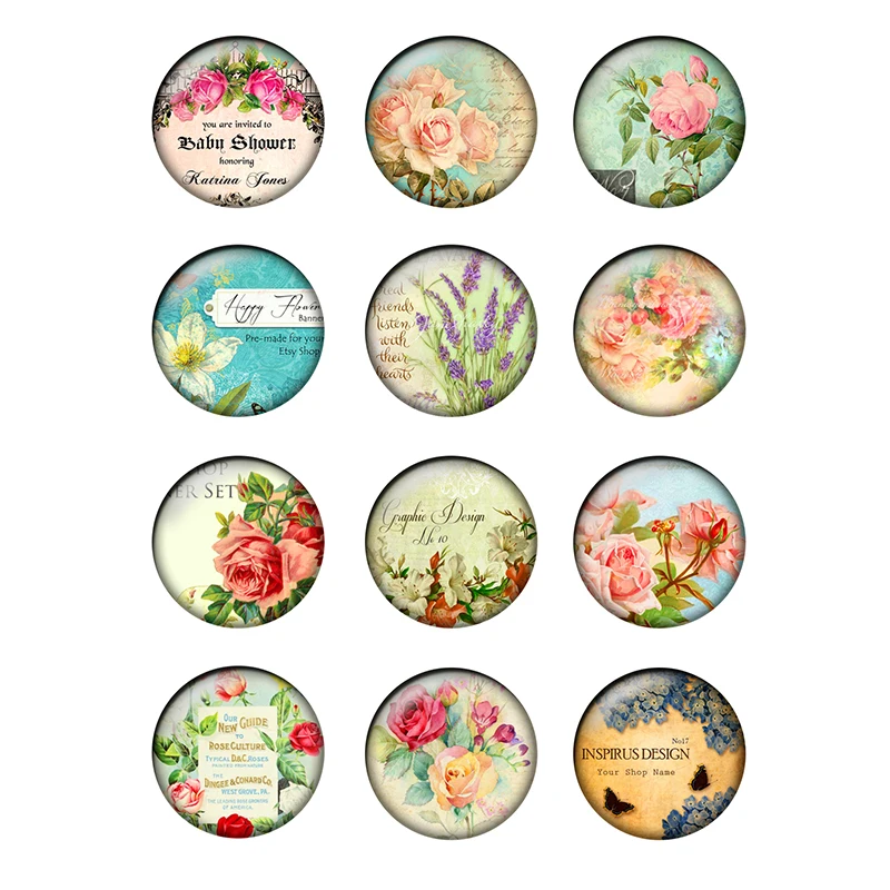 

24pcs/lot Flower Birds Butterfly Pattern Glass Cabochons 10mm 12mm 25mm Glass Dome for DIY Jewelry Making Earrings Findings T148