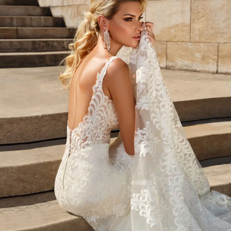 Ivory Eightale Boho Свадебные платья Спагетти ремень Русалка с аппликацией кружевные с открытой спиной суд поезд платье невесты Свадебные платья - Цвет: Ivory