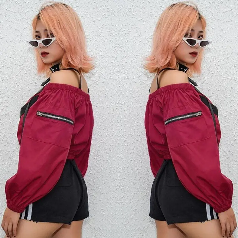 

New Buckle Top Harajuku Punk Long Sleeve T-shirt Women Irregular Cargo Crop Top T Shirts Female Slim Clothing