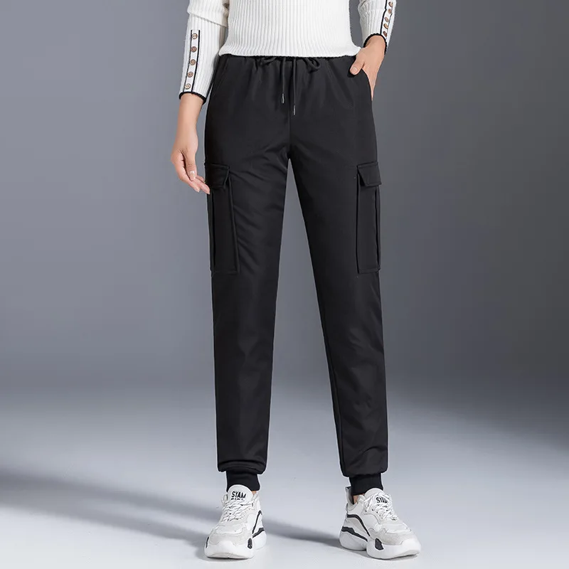 90% брюки карго с подкладкой на утином пуху женские зимние эластичные узкие