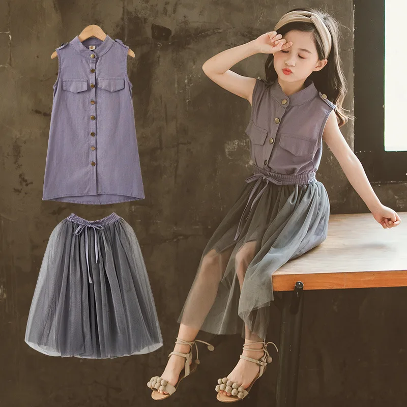 Комплект детской одежды для девочек однотонное платье + юбка летняя одежда из 2
