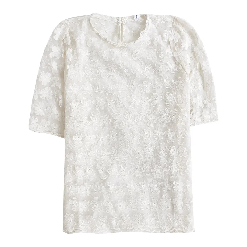 

Hook Flower Shirts Women Summer Gentle Apricot Elegant Round Neck Slim Short Sleee Tops