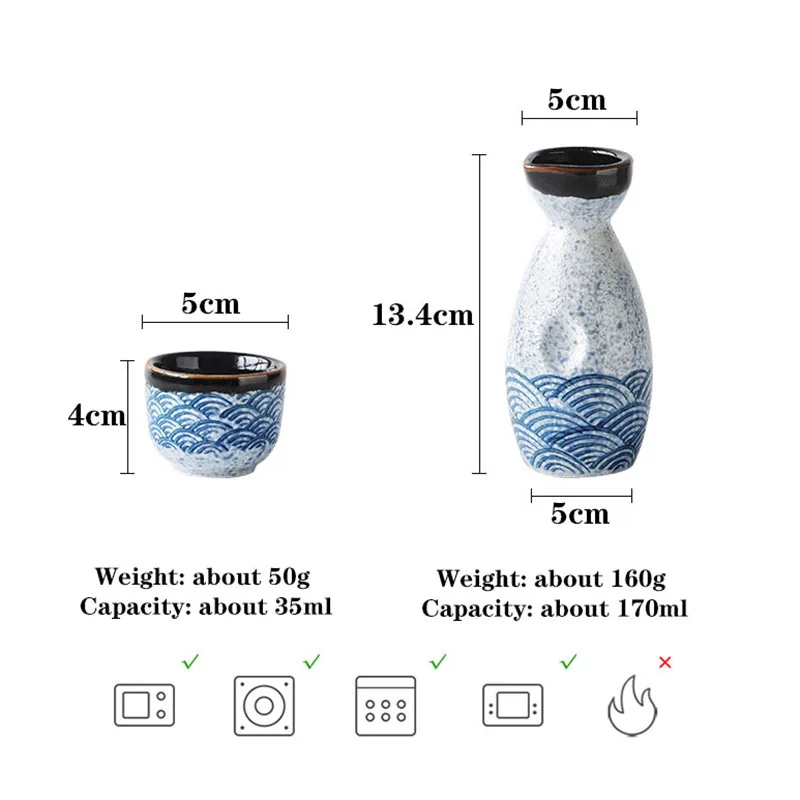 

Blue Sea Ripple Japanese Style Hip Flask Sake Wine Warm Chinese Wine Set Home Hand FrostedClaze Ceramic Sake Wine Set