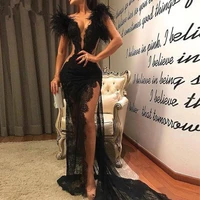 see through prom dresses mermaid deep v neck lace feather black slit sexy long prom gown evening dresses robe de soiree