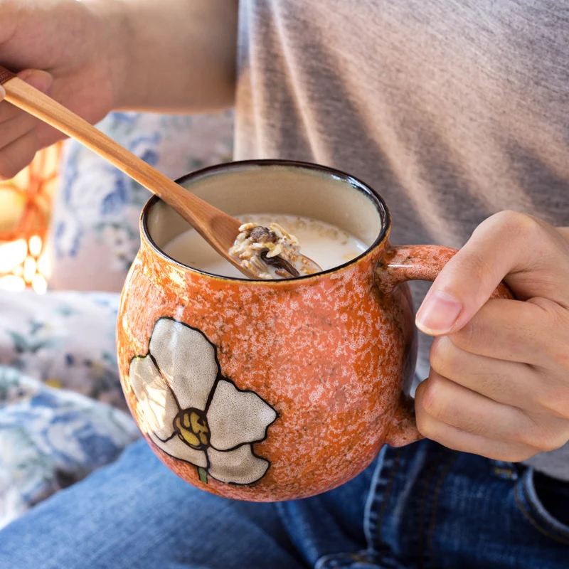 

Japanese Ceramic Mug with Lid and Spoon Large Minimalist Coffee Milk Mug Flower Copos E Canecas Hand Painted Unique Mugs HH50MK