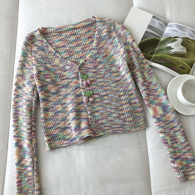 

mixed color short cardigan 2020 early spring new women's clothing Korean fashion thin V-Neck Sweater