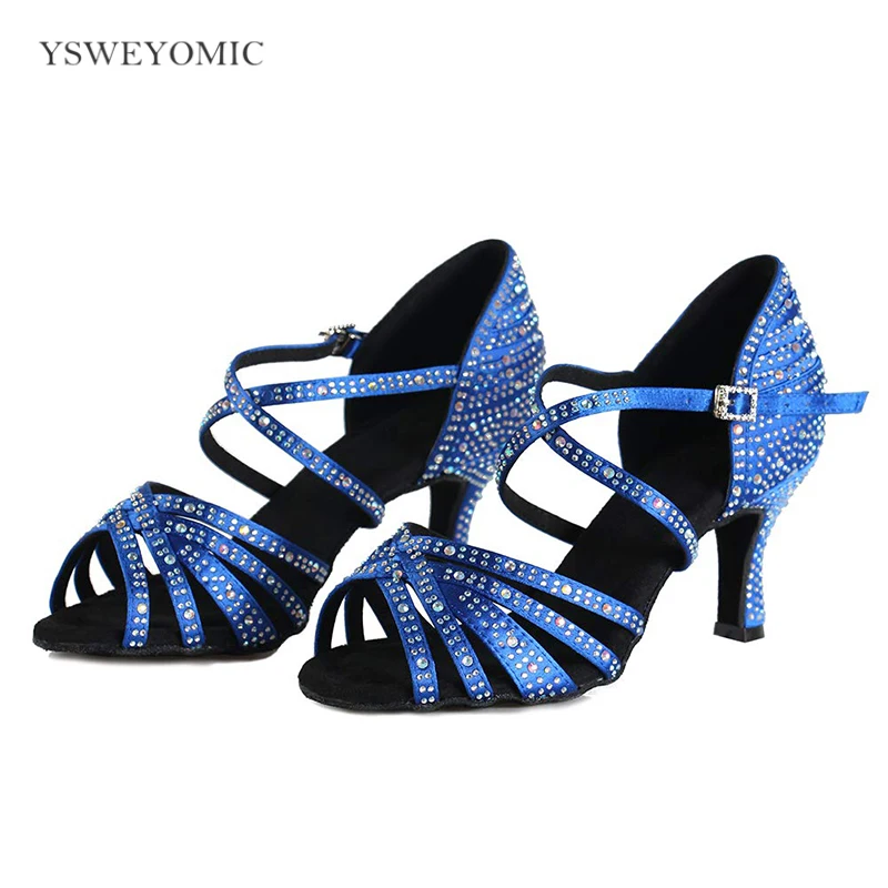 Women shoes For dance Blue Black Satin Rhinestones Latin Salsa Bachata Cha cha meduim Heel Trainning Bachata Latin Dance Shoes