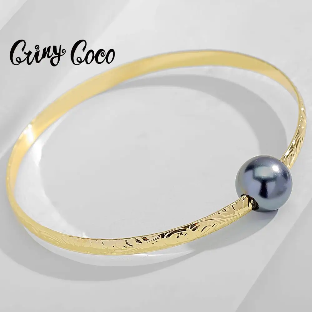 

Cring Coco Hawaiian Gold Plated Bangles Bracelet Fashion Polynesian Charm Black Pearl Bracelets Pearl Jewelry for Women Wedding