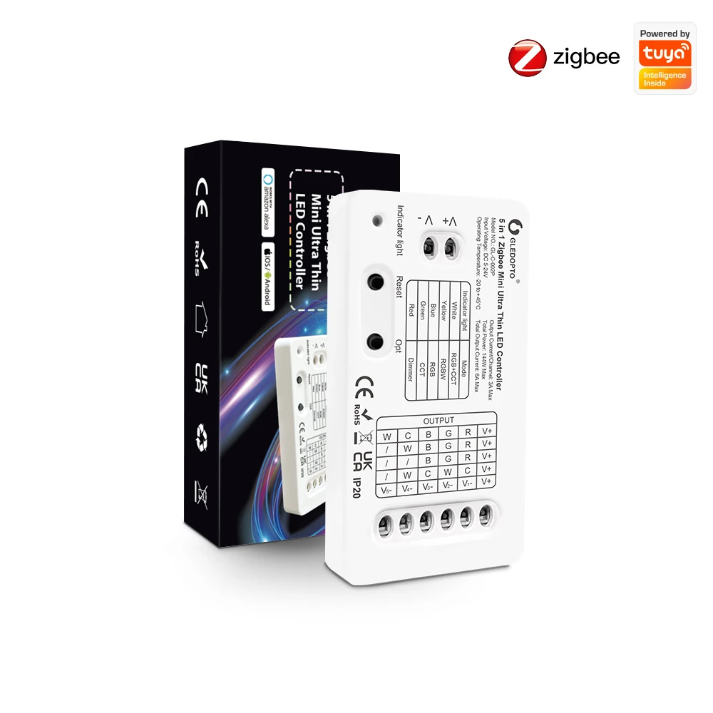 

Zigbee 3.0 DC5-24V Mini 5 in 1 RGBW/RGB/CCT/Dimmer LED Light Strip Controller For TV Backlight work with tuya smartthing hub