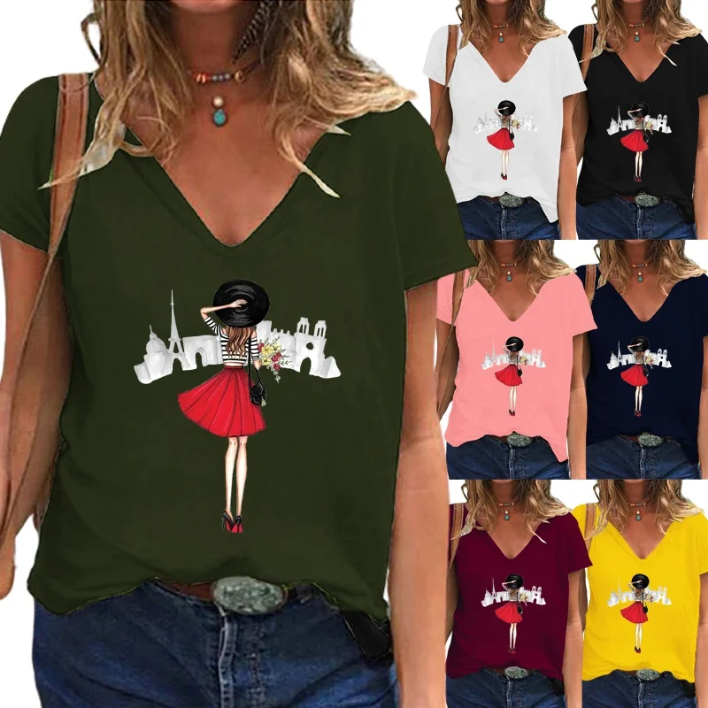 

Summer Fashion Women's Clothing Printed Casual T-shirt Short Sleeve V-Neck Tops Ladies Plus Size Solid Color Blouse