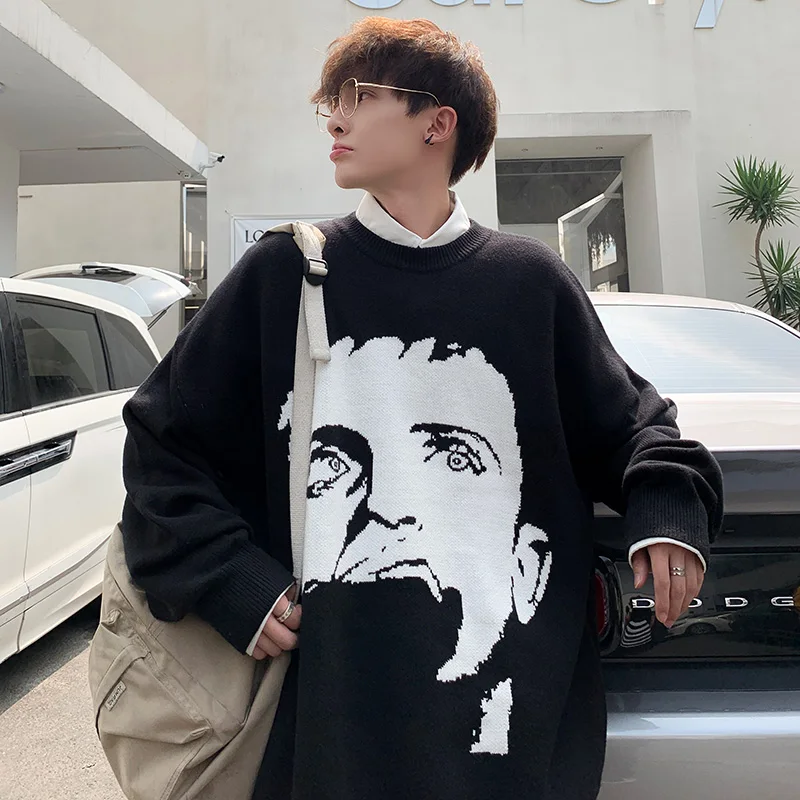 

Autumn winter thick sweater men's Hong Kong style trend loose T-shirt versatile student's languid style bottoming shirt
