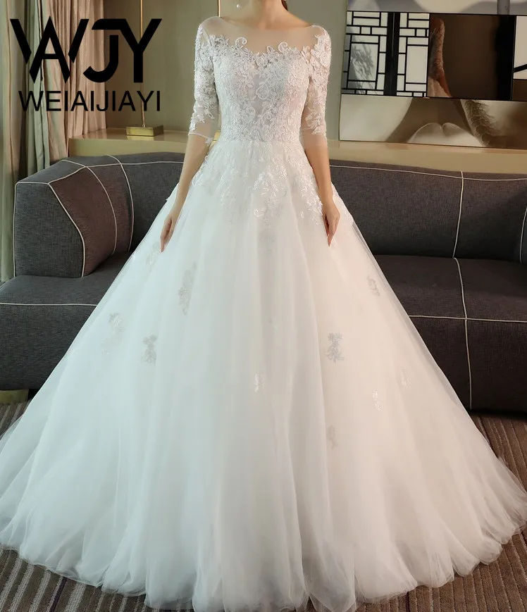 

Spring Winter Garden Women Long Train Elegant Ball Gown Tulle Half Sleeve Lace Wedding Dresses VeVestido De Novia Robe De Mariee