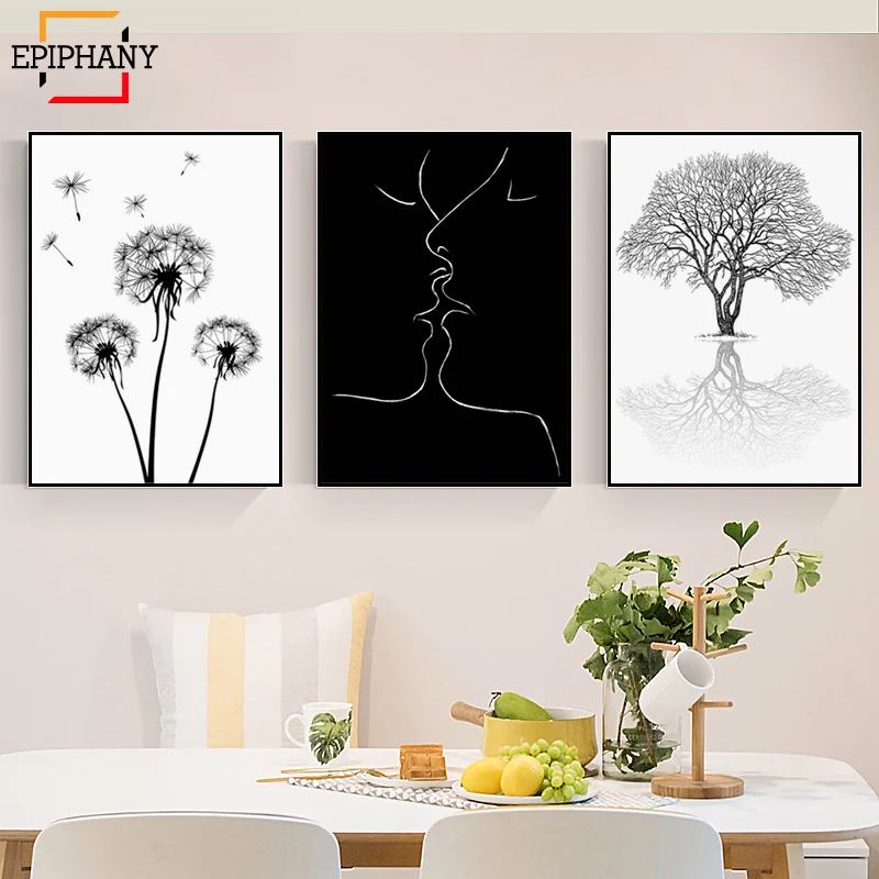 Натуральный лес скандинавский постер черно белый Одуванчик холст